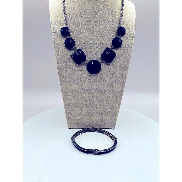 Blue Faceted Necklace & Bangle Set  Geometric Design  Silver-Tone Chain.  N71 - Picture 1 of 12
